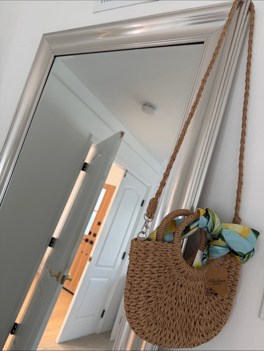 Handwoven Straw Crossbody Bag with Blue-Green Scarf Accent